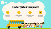 Colorful kindergarten slide featuring a school bus and children holding hands, with four numbered sections for text.