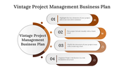 Business plan slide with four vintage styled steps for project management with four icons.