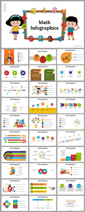 Slide deck with vibrant graphics, showing numbers, math symbols, charts, and diagrams for educational purposes.