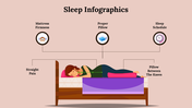 Infographic showing a woman in a proper sleeping posture with emphasis on pillow placement and mattress firmness.