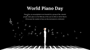 World piano day features a pianist standing on a piano keyboard against a black background, surrounded by musical notes.