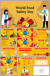 Colorful world food safety day template featuring various slides on food-related topics with illustrations of health experts.