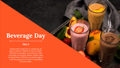 Split layout with an orange text area and three colorful smoothies in glasses, surrounded by fruits on a dark background.