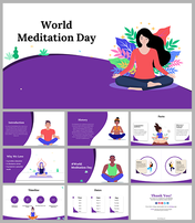 Slide deck with illustrations of people meditating, with a purple themed layout and content related to World Meditation Day.