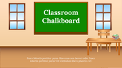 Illustration of a classroom with a green chalkboard, wooden desk, chair, and books stacked on the side.