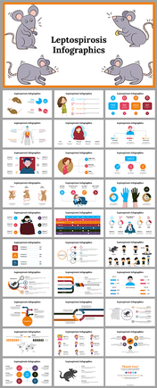 Infographic slide deck about leptospirosis, including illustrations, charts, and disease information.