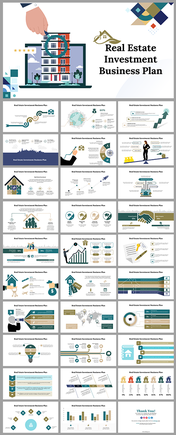 Real estate business plan slide deck with various layouts showing infographics, charts, maps, and illustrations.