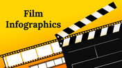 Slide deck with film-themed infographics with various layouts, featuring icons, charts, and bright, bold visuals.