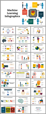 A collection of machine learning infographics slides illustrating key concepts with icons and different layout designs.