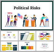 Slide deck on political risks with illustrations of debates, voting, and infographics in vibrant colors.