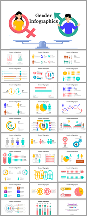 Slide deck featuring various gender infographics with icons, charts, and data visualizations in colorful layouts.