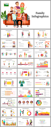 Comprehensive family infographics with various slides illustrating family dynamics, demographics, and data visuals.