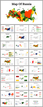 Stylized slide deck of map of Russia  with diverse color-coded regions, highlighting geographical areas.