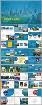 Tourist destination slide deck with blue background, showcasing famous landmarks and places to visit worldwide.