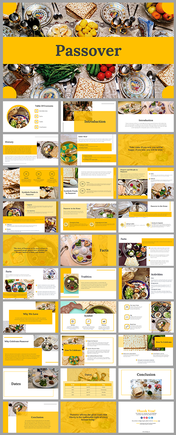 Passover celebration table slide deck with a variety of traditional dishes and a yellow banner in the center.