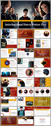 Slide deck preview for international harry potter day featuring multiple slides with images, text, and themed graphics.