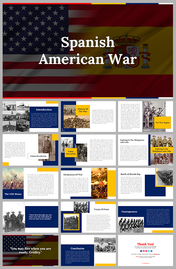 Spanish-American War slide deck cover with U.S. and Spanish flags and slide previews showing historical events.