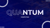 Quantum computing slide deck with dark blue background, large text, and multiple technology-related visuals.