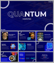 Quantum computing slide deck with dark blue background, large text, and multiple technology-related visuals.