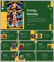 Slide deck on Trinity Sunday with stained glass art, in green and yellow color scheme, and text on Christian theology.