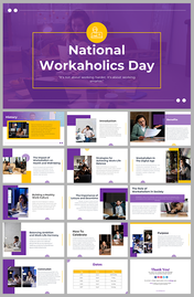 A presentation slide deck for national workaholics day with a purple theme, showcasing various content sections.