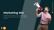 Marketing Mix slide deck with a man holding a megaphone, followed by thumbnails of various marketing concept below.