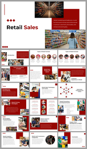 Slide deck covering retail sales, formats, and customer management, using red and white theme with supermarket visuals.