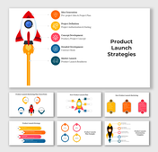 Product launch strategies slides showing stages from Idea Generation to Market Launch with icons and different layout design.