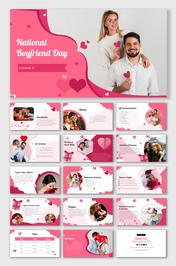 Slide deck for national boyfriend day, highlighted by a pink and red color  with heart illustrations and couple imagery.