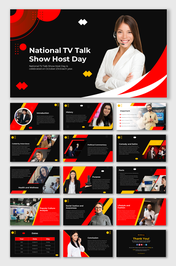 A dynamic slide deck with a black, red, and yellow color scheme, featuring various images of national Tv talk show hosts.