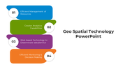 Slide illustrating four benefits of Geo Spatial Technology in a colorful stacked layout, each section numbered from 1 to 4.