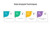 Collection of slides detailing data analysis techniques, with colorful numbered blocks and varied infographic designs.