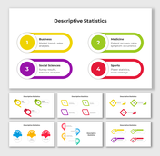 Four-section infographic highlighting areas of descriptive statistics with colorful number icons and topic labels.