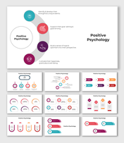 Slides on positive psychology with various infographic layouts in bright colors, highlighting goal setting and well being.