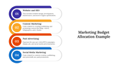 A marketing budget allocation example slide with a multi-colored visual dividing the budget into four key areas.