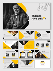 A pack of Thomas Alva Edison slides, highlighting his early life, inventions, business ventures, and legacy.