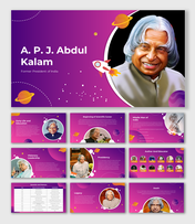 A.P.J. Abdul Kalam slide pack covering his life, presidency, scientific career, and legacy, with purple gradient background.