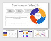 Set of slides showing gray arrow flows, circular diagrams in blue, orange, red, and structured process charts.