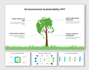 Informative slides on environmental sustainability with various design layouts and icons with text descriptions.