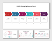 HR slide pack with colorful arrows, circular icons, and text layouts in red, blue, teal, and purple.