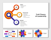 Pack of slides with different colorful layouts featuring circles and interconnected shapes, representing leadership traits.