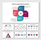 Slide deck featuring various visual layouts using bold colors highlighting key elements of ethical leadership.