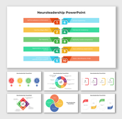 Set of slides displaying various flow and process diagrams in different shapes and colors, with numbered steps.