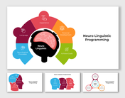 Neurolinguistic programming slides highlighting key concepts with various colorful diagram layout designs and icons.