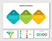 Collection of slides showing different styles like diamonds, hexagons, and flowcharts, with ethical principles.