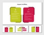 Slides comparing the concepts of impact and effect, highlighting differences with distinct color coded boxes for each term.