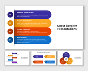 A pack of colorful guest speaker slides with a list of tips from researching ahead of time to pronunciation with description.