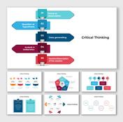 A pack of critical thinking slides with different designs and colorful layouts with text descriptions and icons.