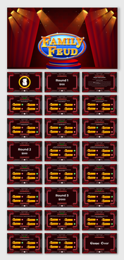 Family Feud template featuring red themed slides with game rounds, questions, and scoring options for an interactive quiz.