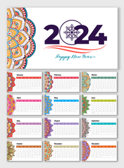 A pack of 2024 calendar slides featuring a colorful mandala design each month with a snowflake symbol for the year.